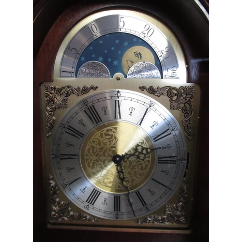 48 - Late 20th C Georgian style mahogany cased long case clock, brass finish break arch dial with moon ph... 