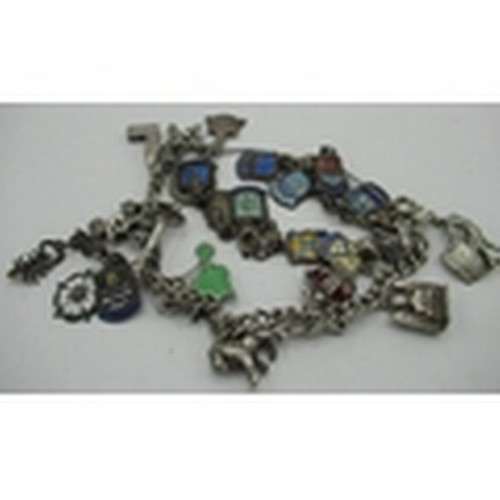 127 - Collection of fourteen sterling silver and enamel souvenir charms, and a charm bracelet with eleven ... 