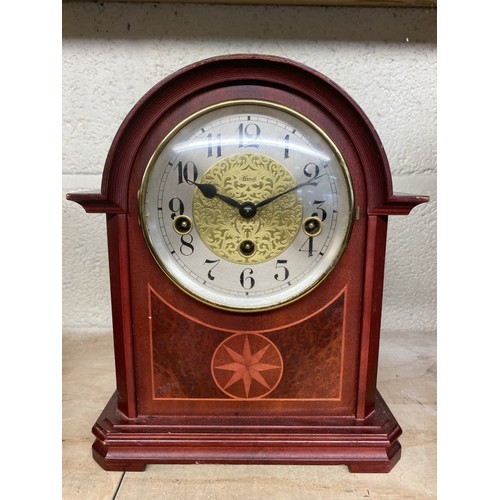 7 - 20th C Edwardian style Hermle mantel clock, three train Westminster chiming movement with floating s... 