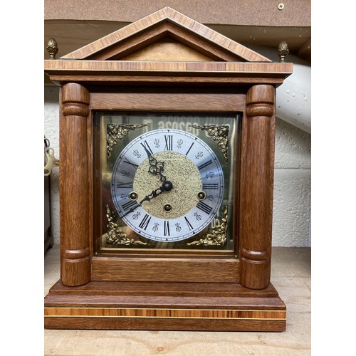 8 - 20th C Victorian style mahogany architectural inlaid mantel clock , brass dial with silvered chapter... 