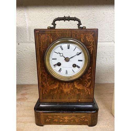 4 - Late 19th C French rosewood marquetry inlaid mantel clock, Valery A. Paris, two train count wheel st... 