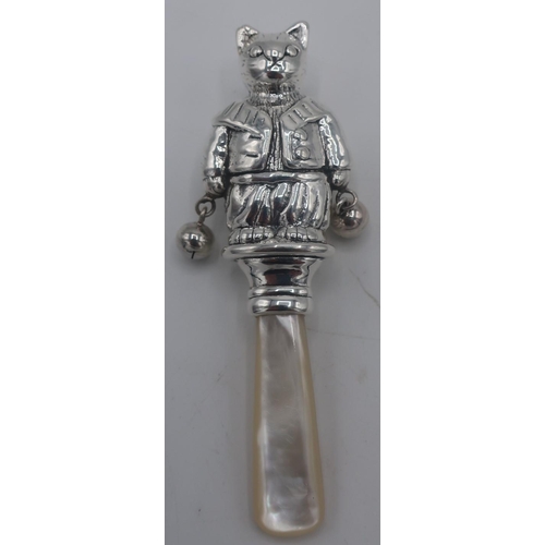 346 - Silver babies rattle in the form of Tom Kitten with mother of pearl handle, stamped Sterling