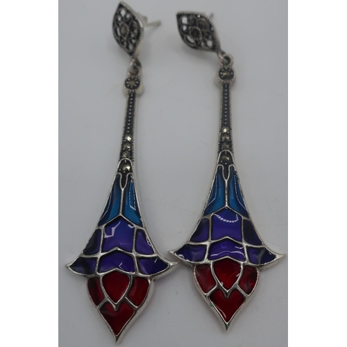 350 - Pair of silver plique a jour drop earrings set with marcasites, stamped 925