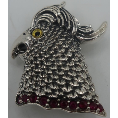 356 - Silver brooch/pendant in the form of a cockatoo set with rubies, stamped Sterling