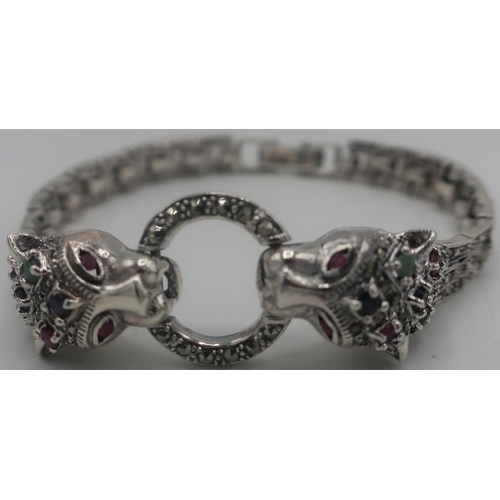 360 - Silver Cartier style Panther bracelet set with semi precious stones, stamped 925