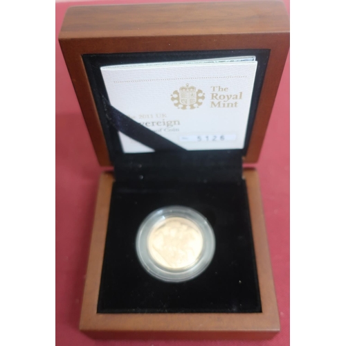 382 - Royal Mint 2011 gold proof Sovereign, in fitted presentation case with outer card box, certificate N... 