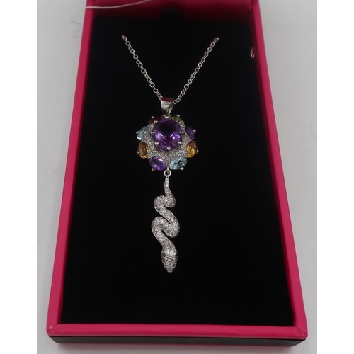 412 - Silver pendant necklace set with semi precious stones and snake drop stamped 925