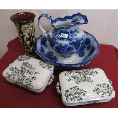 313 - Late Victorian flow-blue decorated jug and bowl set, pair of rectangular tureens decorated with Maid... 