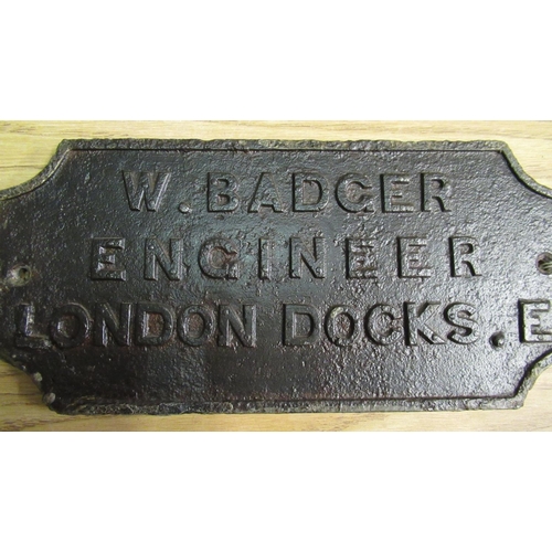 336 - 20th C rectangular cast iron plaque W.Badger Engineer London Docks. E,  36 x 16.5