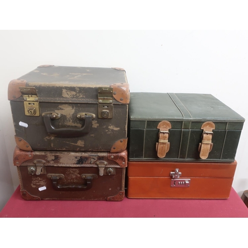 456 - Green leather three bottle travelling wine box, another two bottle travelling wine box, hat box and ... 