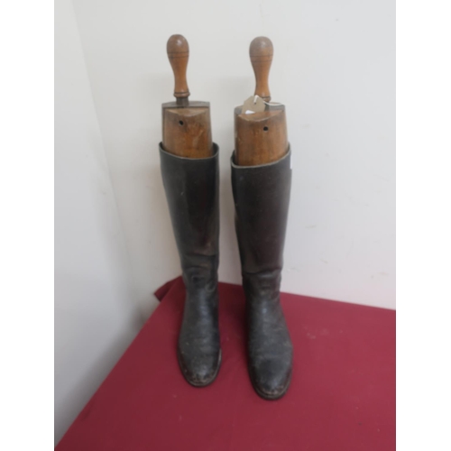 457 - Pair of black leather riding boots complete with brass bound Peale & Co trees and two pairs of cordu... 