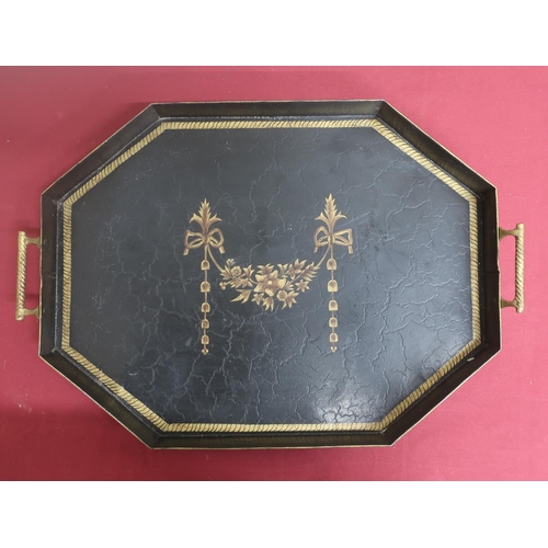 459 - 20th C toleware hexagonal tea tray with ribbon and garland decoration  54cm  x 39cm