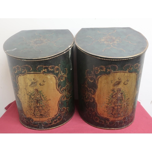 460 - Pair of 20th C toleware bedside storage bins with lift up lids and painted decoration H45cm x D31cm