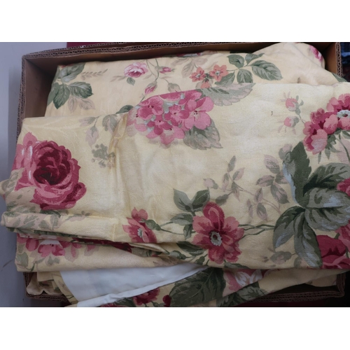 510 - Crowson yellow ground rose pattern floral lined curtains, gathered width 115cm drop 300cm approx.  m... 