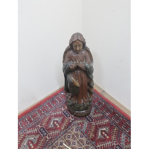 525 - Carved wooden polychrome painted model of a praying female H57cm