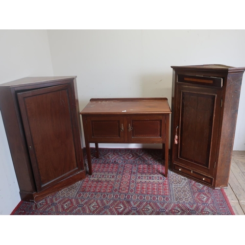 438 - George III mahogany cross banded oak corner cupboard on plinth base and Edwardian inlaid mahogany wa... 