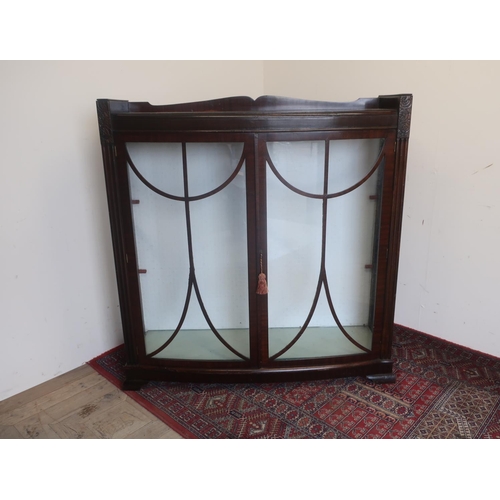 439 - Mahogany bow front display cabinet with two glass shelves W120cm H124cm D33cm