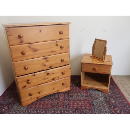 539 - Pine chest of five drawers, pine bedside cabinet with single drawer and a free standing dressing tab... 