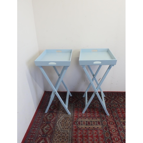 543 - Pair of Cally and Co blue finish butlers trays on folding stands W50cm D38cm H75cm (2)