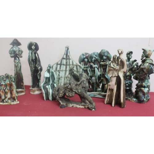 399 - Collection of Stephan Gorski pottery figures including Don Quixote, three musketeers, moon flask etc... 