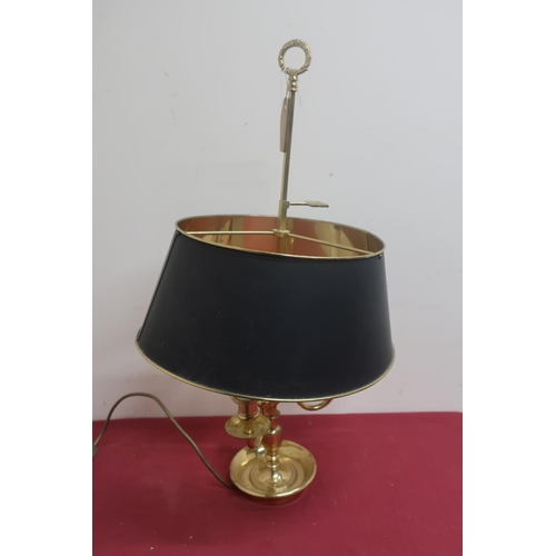 486 - 20th C brass library lamp with three scroll arms circular base with rise and fall shade