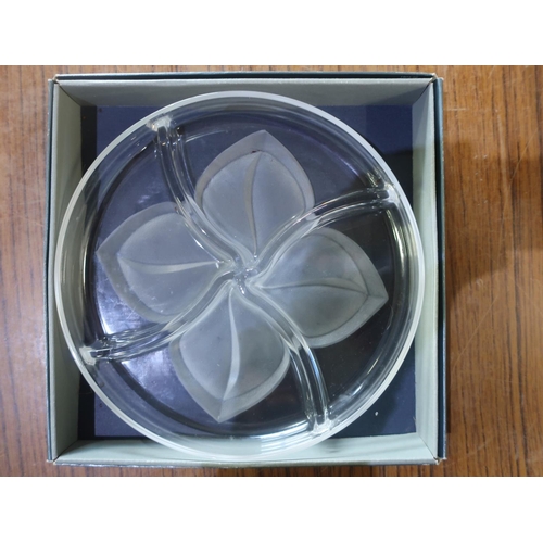 249 - Four division dish with flower motif and a large highly decorated cut glass fruit bowl, boxed