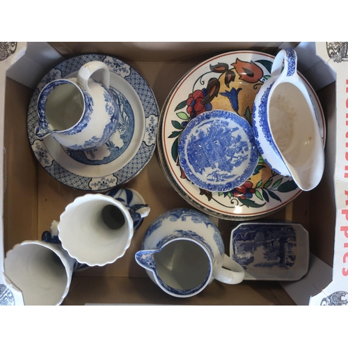 303 - Spode Italian pattern small rectangular dish, collection of blue and white pattern jugs, other blue ... 