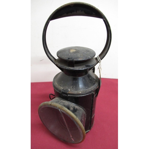 1 - London Transport underground oil signal lamp marked LT, in black finish (glass front cracked), H30cm