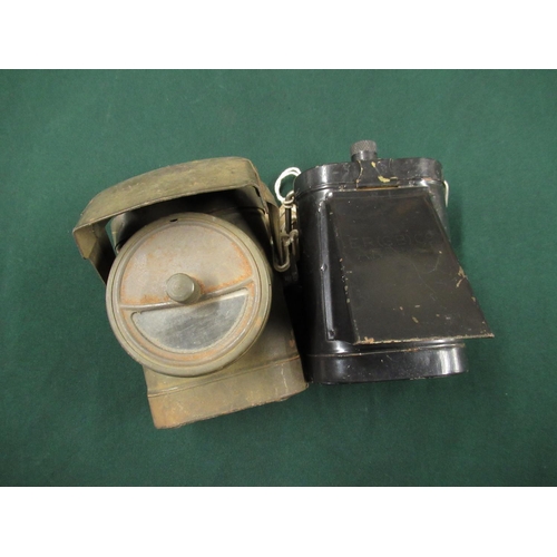 16 - WWII Home Guard style cycle lamp with crows foot stamp in military green finish, H11cm, and a black ... 