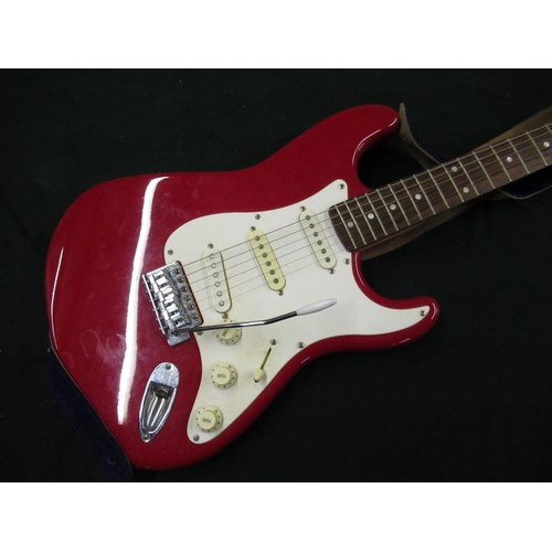 100 - Red Fender Squire Affinity Series 20th Anniversary six string electric guitar with suede strap and w... 