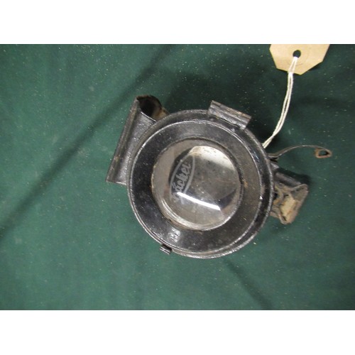 7 - Hackel WWI kerosene cycle lamp in black finish (bottom hinge broken), H14cm