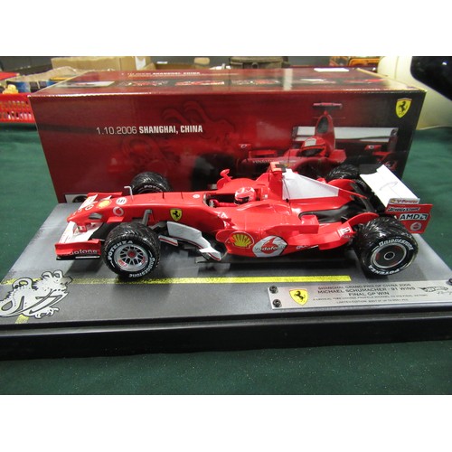 205 - HotWheels 1:18 scale Michael Schumacher Ferrari racing car, celebrating his 91st and final Grand-Pri... 