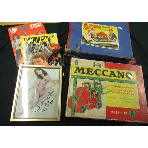 119 - Boxed Meccano Outfit 6, Bayko building set, two Top Pop Stars annuals, signed picture of Raquel Welc... 