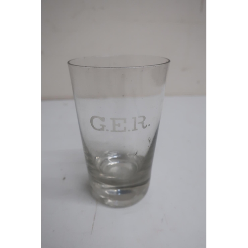 177 - Clear glass tumbler etched G.E.R. H11cm