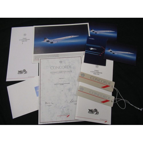 181 - Selection of various Concorde memorabilia including a menu, two luggage tags, some postcards, a blan... 