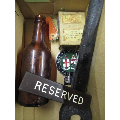 122 - GWR spanner, a LMS railway bottle, quantity of Hunslet engine parts etc (one box)