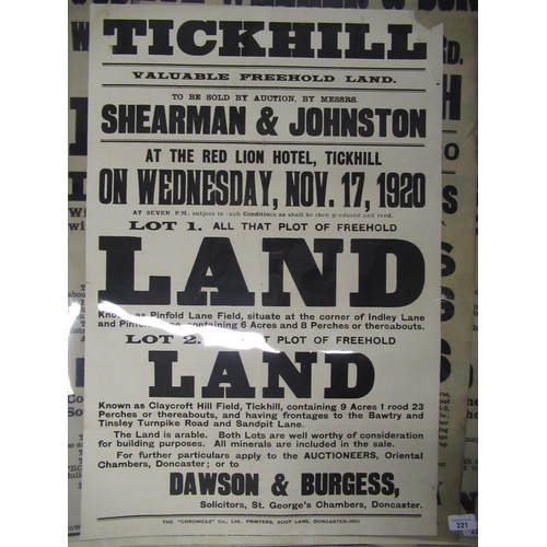 221 - 'Tickhill Valuable Freehold Land' property sale poster for Shearman & Johnston, 76cm x 51cm