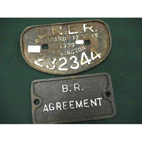 52 - Two wagon plates, one dated 1939 LNER Darlington, other stamped B.R. Agreement (2)