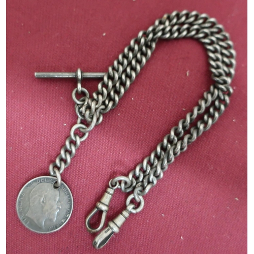 264 - Edwardian flat curb link silver double link watch with 1902 one shilling coin