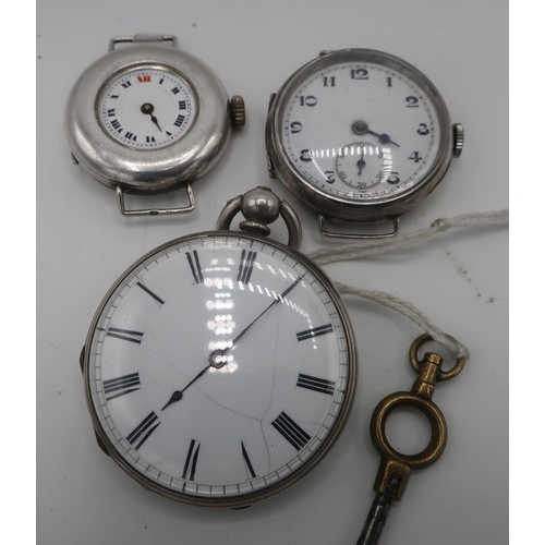 269 - Continental Fine Silver fob watch with white enamel Roman dial and two continental silver wrist watc... 