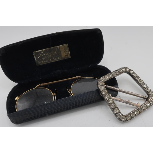 272 - Georgian silver and paste square belt buckle and a pair of gold plated spectacles (2)