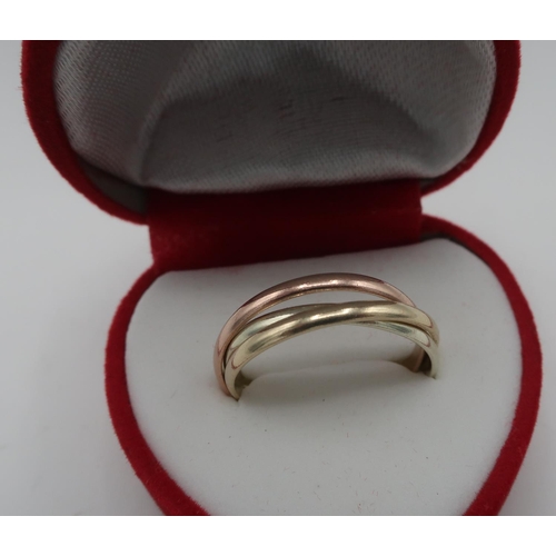 277 - 9ct tri-coloured gold hallmarked Russian wedding ring, sizes R, R, T 3.4g