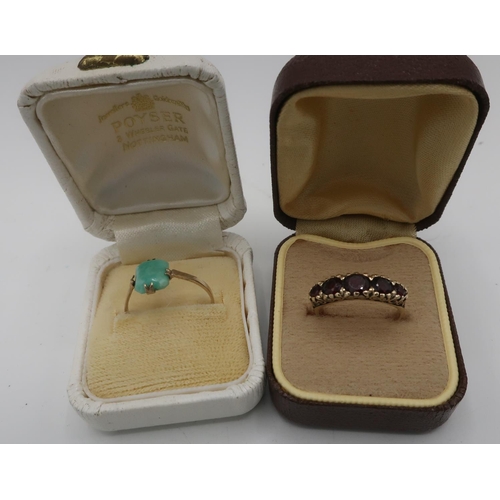 279 - 9ct gold hallmarked cushion cut jade ring, size O, and a 9ct gold hallmarked 5 stone garnet dress ri... 