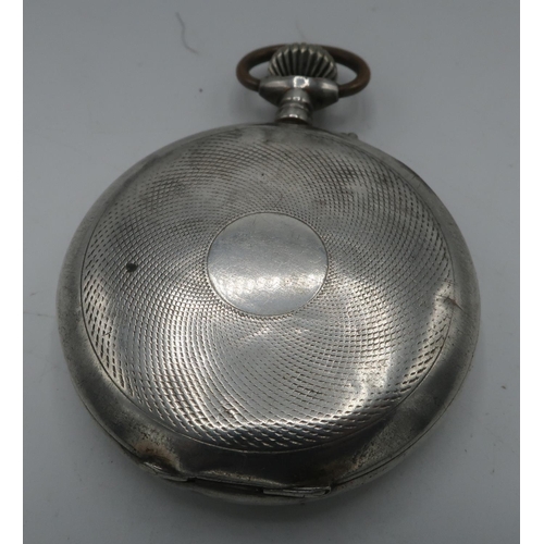 301 - Continental silver open faced pocket watch, white Arabic dial with black and red numerals and subsid... 