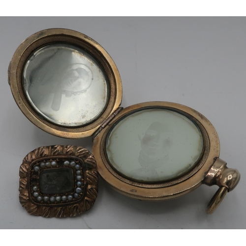 303 - Victorian Pinchbeck circular double photo locket  engraved 'Adaline' and a Victorian seed pearl set ... 