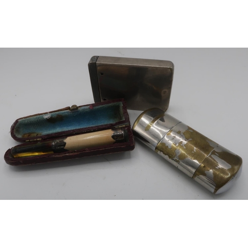 305 - Victorian bone cheroot holder with amber mouthpiece, silver mounts hallmarked Chester 1900 cased, a ... 