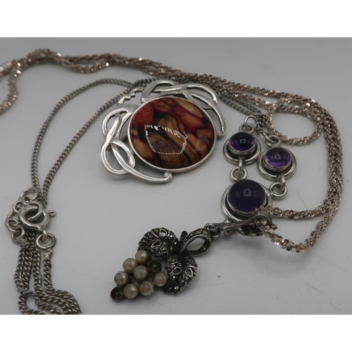 306 - Silver necklace set with three amethysts, a marcasite pendant in the style of grape bunch, silver ch... 