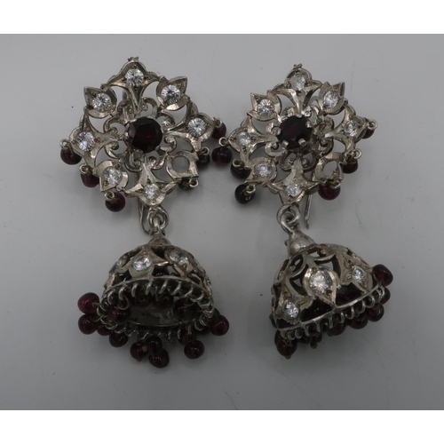 308 - Large pair of silver coloured metal and stone set Indian style Coronet earrings