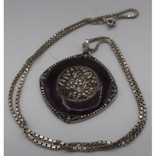 312 - Silver and purple enamel circular pendant with floral central panel, marked 935.000, silver chain st... 