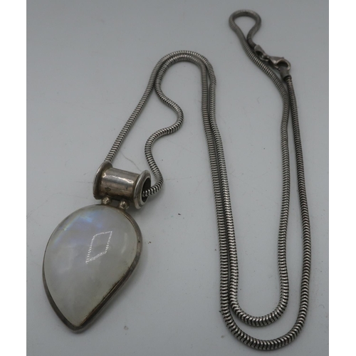 313 - Silver teardrop shaped moonstone pendant on chain, both stamped 925